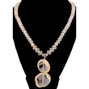 Rare Vintage Double Strand Faceted Crystal Bead Necklace Silvertone • 2 Lg Drops